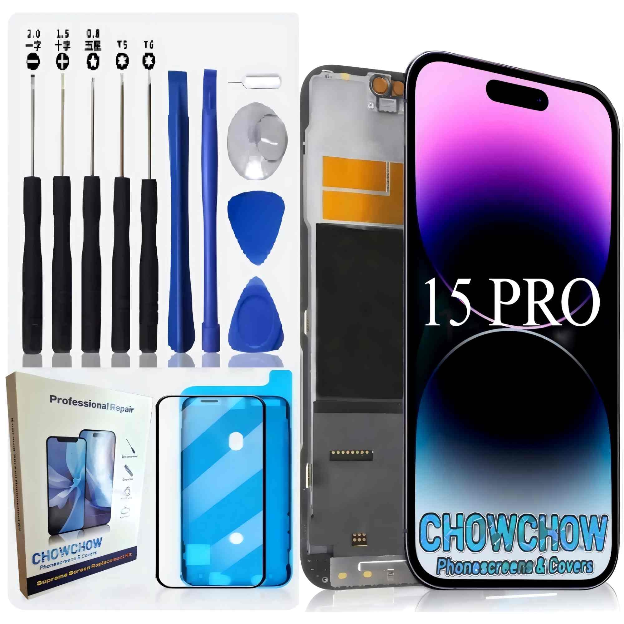 CHOWCHOW - Kit de repuesto para iPhone 15 Pro LCD/OLED y marco, con protector de pantalla de vidrio templado, dureza 9H, pantalla con herramientas de reparación, kit de pantalla LCD / OLED de grado