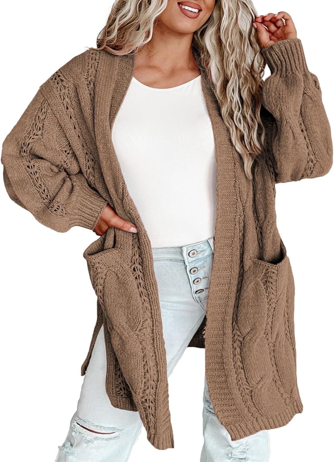 Eytino Plus Size Cardigans for Women Open Front Long Sleeves Lightweight Fall Sweaters with Pockets(1X-5X)