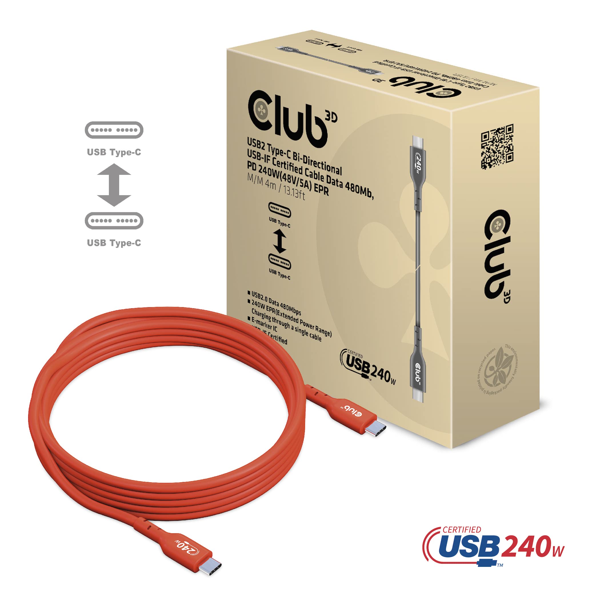 Club 3D CAC-1515 USB2 Type-C Bi-Directional USB-IF Certified Cable 480Mb PD 240W (48V/5A) EPR Male/Male 4 m