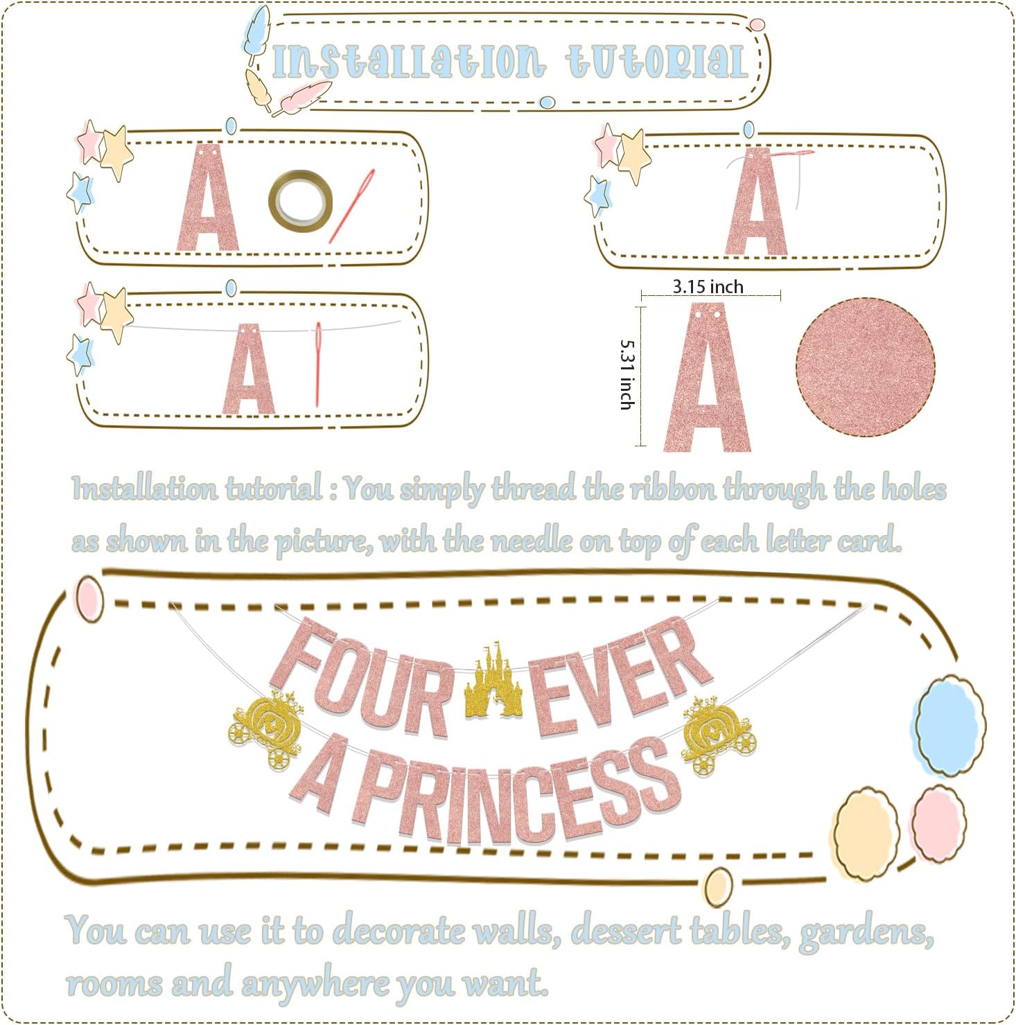 Four Ever A Princess Banner - Four Ever A Princess Birthday Decorations - 4 Year Old Girl Birthday Decorations Rose Gold image 2