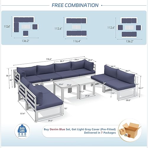 Miniatura 631 de NICESOUL 7 Piece White Powder-Coated Aluminum Patio Furniture with Fire Pit Table, 29 Inch Extra Wide Outdoor Sectional Sofa for 6, High-End Heavy