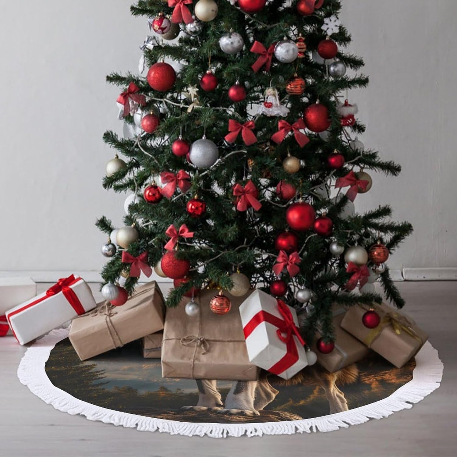 Wolf Wildlife Forests Christmas Tree Skirt Round Xmas Tree Mat Ornaments Tree Skirts with Tassels for Holiday Party