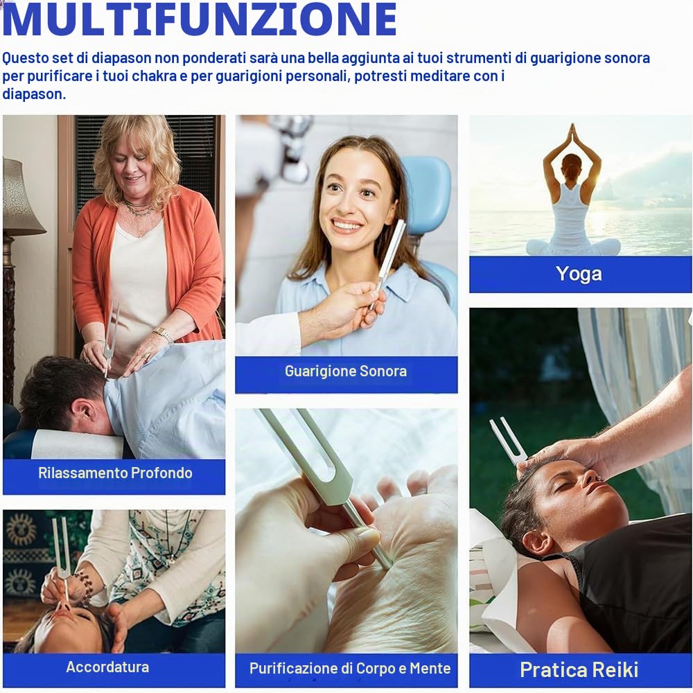 Diapason Neurologico,Set di 10 pezzi con base + 2 martelli in silicone e panno per la pulizia, diapason ideale per la guarigione dei chakra, la guarigione del suono e l'antistress.