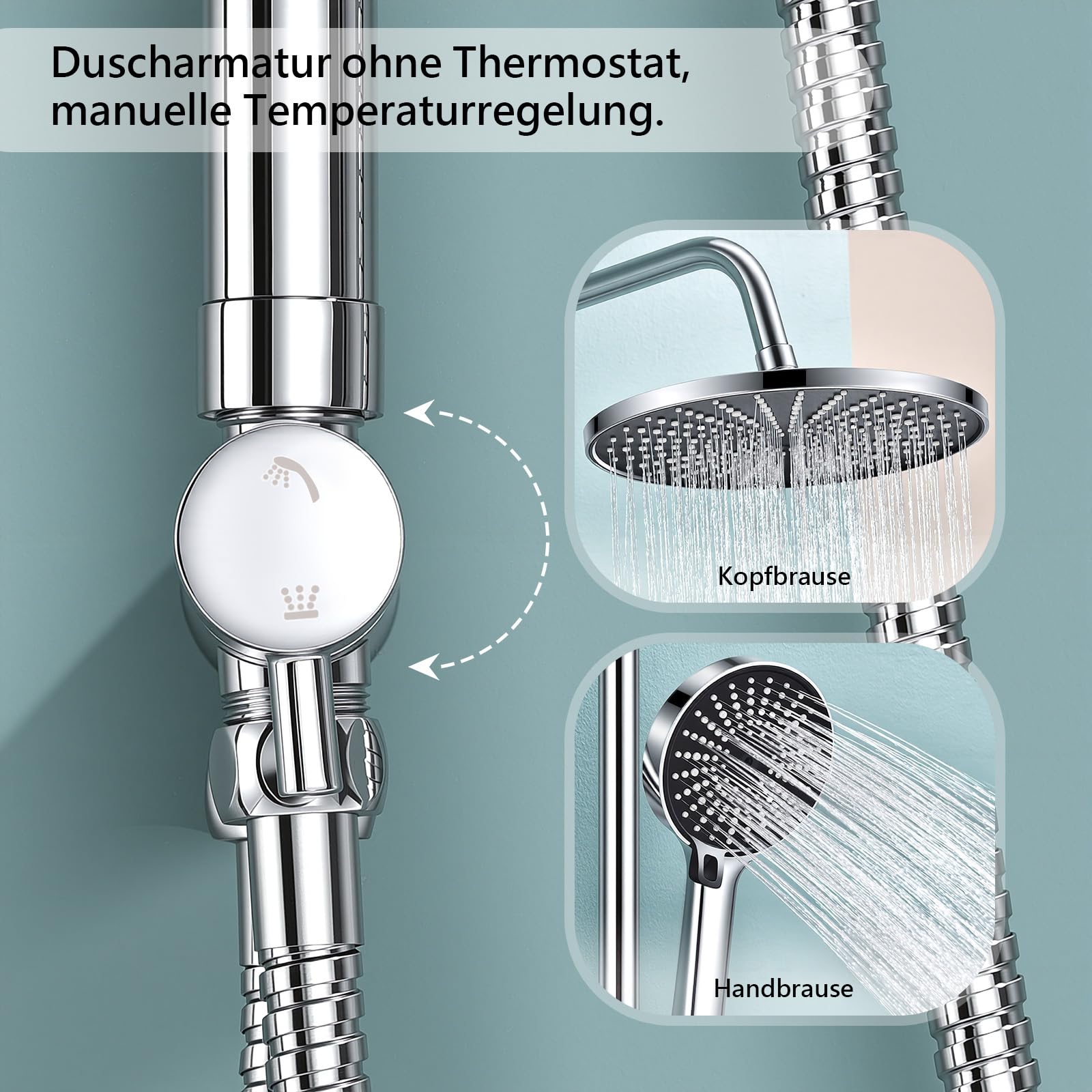 Duschsystem ohne Armatur höhenverstellbar 26 cm runde Regendusche & Handbrause mit 3 Strahlarten Duschset ohne Armatur Edelstahl schnelle Montage