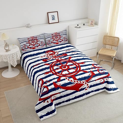 Miniatura 9 de Erosebridal Juego de ropa de cama con ancla náutica para niños, juego de edredón de aventura con brújula costera, juegos de edredón de velero