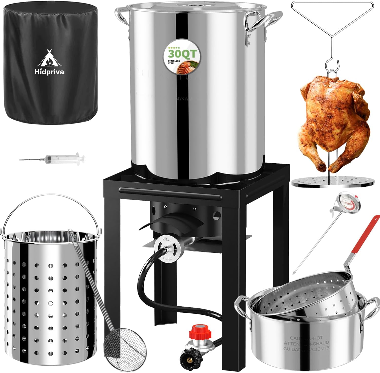 Stainless Steel Turkey Fryer Kit, 30QT Deep Pot & 10QT Fish Fryer, Waterproof Cover & 12-inch Skimmer, 55,000 BTUS Propane Burner Stove, Outdoor Deep Fryer, Crawfish Boiler with Basket