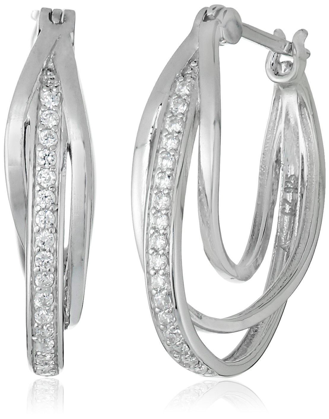 925 Sterling Silver Cubic Zirconia Crossover or Triple Hoop Clip Top Hoop Earrings