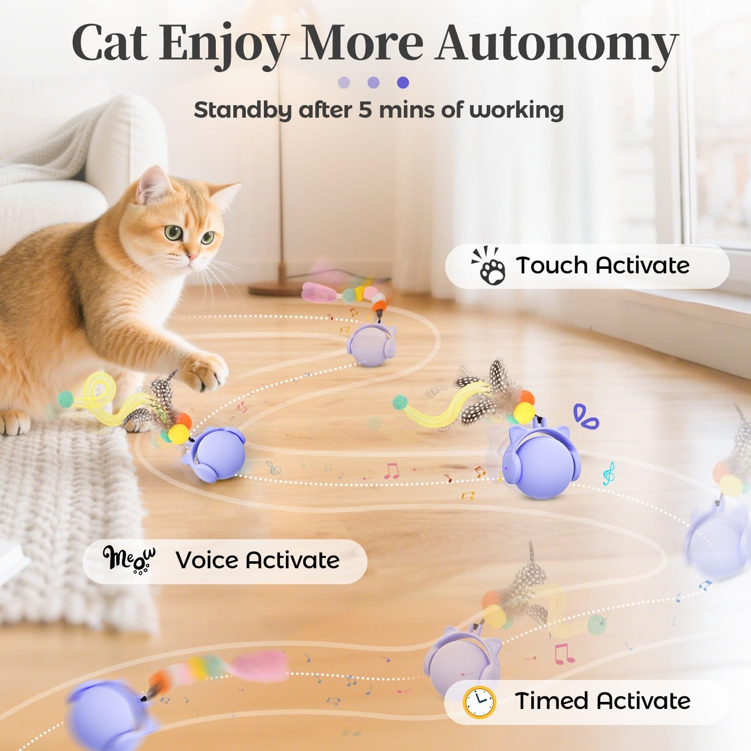 ORSDA Interactive Cat Toys for Indoor Cats, Automatic Cat Ball Fast Rolling & Motion Activated Chirping, Stimulates Hunting Instincts Kitten Toys with Elastic Mesh Tail