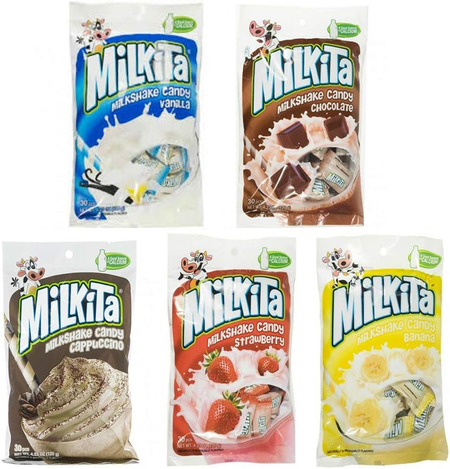 Milkita 5 Flavor Variety Candy Pack (Vanilla, Strawberry, Banana, Chocolate, and Cappuccino)