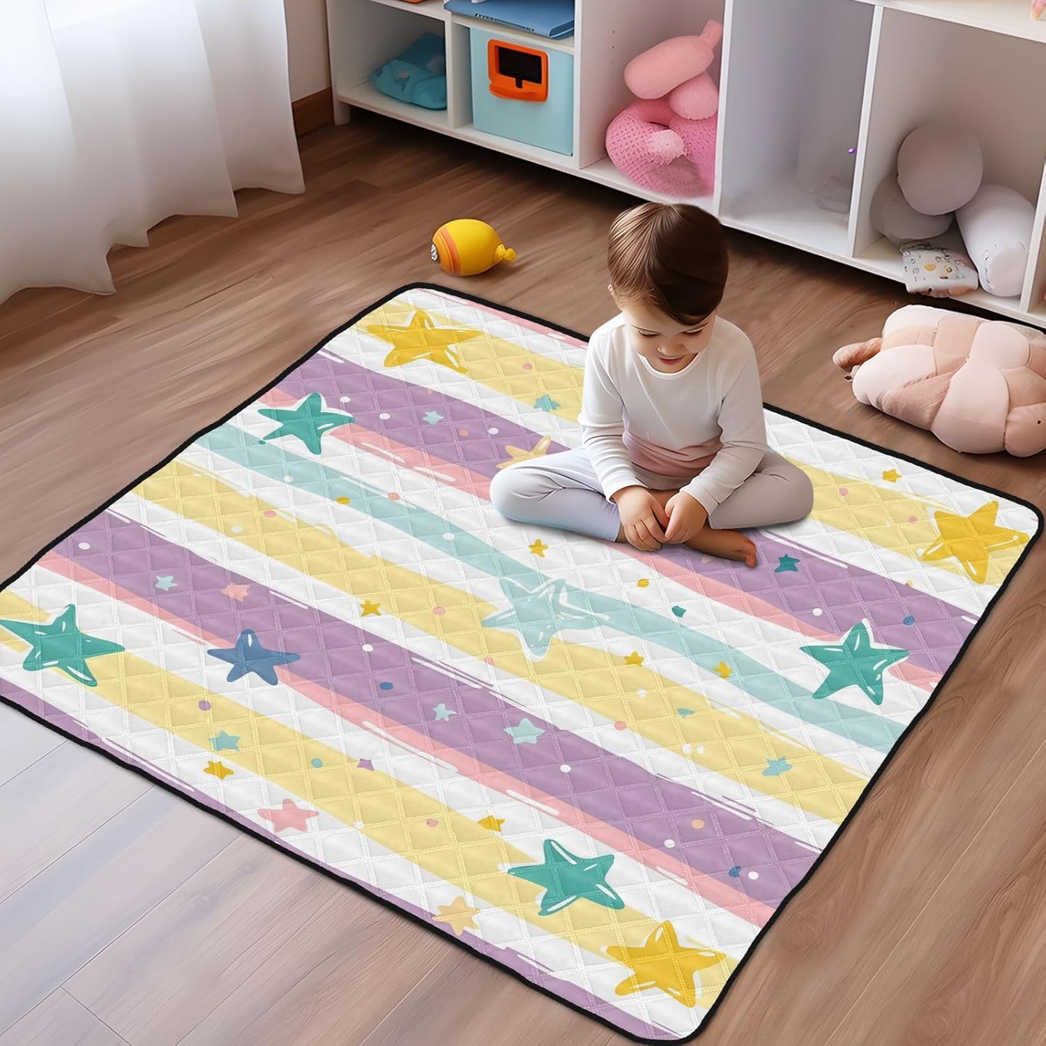Graffiti Stripes and Stars Pattern Baby Play Mat, 50“ X 50” Washable Folding Crawling Mat, Baby Floor Mat, Soft, Thick, Non-Slip
