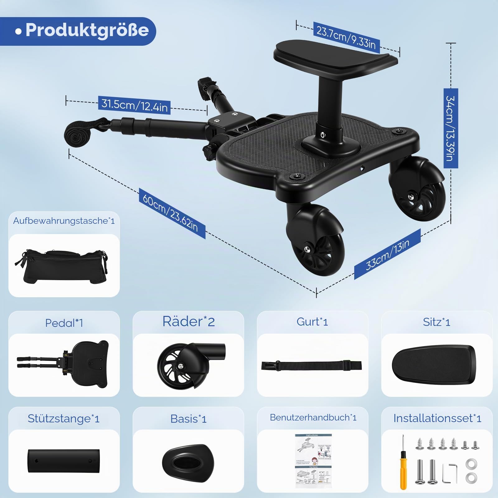 Mevip Buggy Board mit Sitz, Trittbrett Mitfahrbrett Universal, Kinderwagen Board mit Kinderwagen Organizer und Aufhängegurt,für 99% der Kinderwagen, Bearing 25KG
