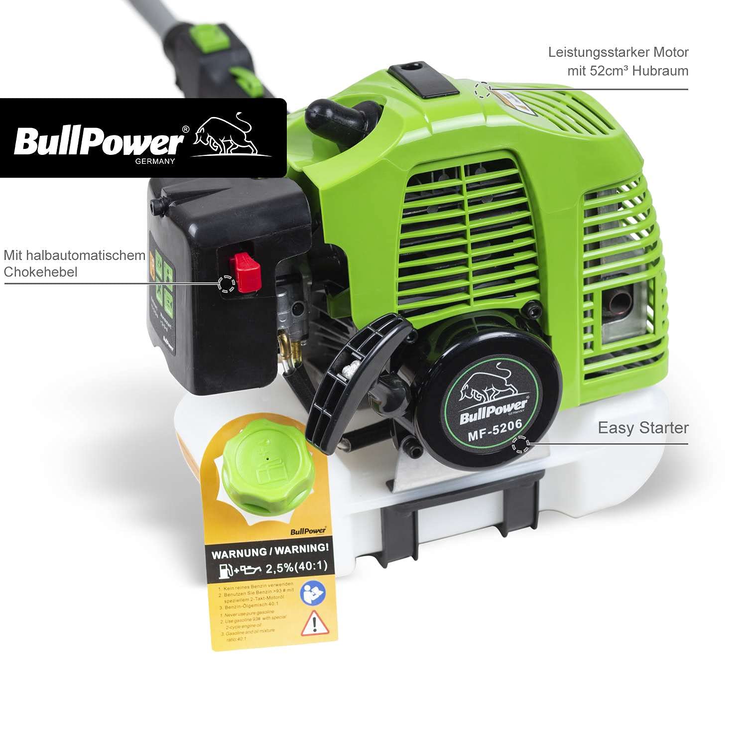 BullPower MF-5206 Multitool 5in1 Heckenschere Motorsäge Motorsense Benzin Rasentrimmer Freischneider Astsäge Hochentaster inkl. 90cm Verlängerung