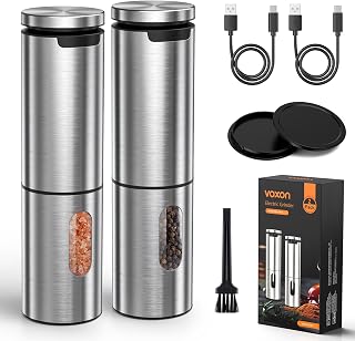 VOXON Update Electric Salt and Pepper Grinder Set Rechargeable Stainless Steel, LED Light, 100ML Capacity, 5 Levels Adjustable Coarseness, Automatic Salt and Pepper Grinder Set One Handed Operation