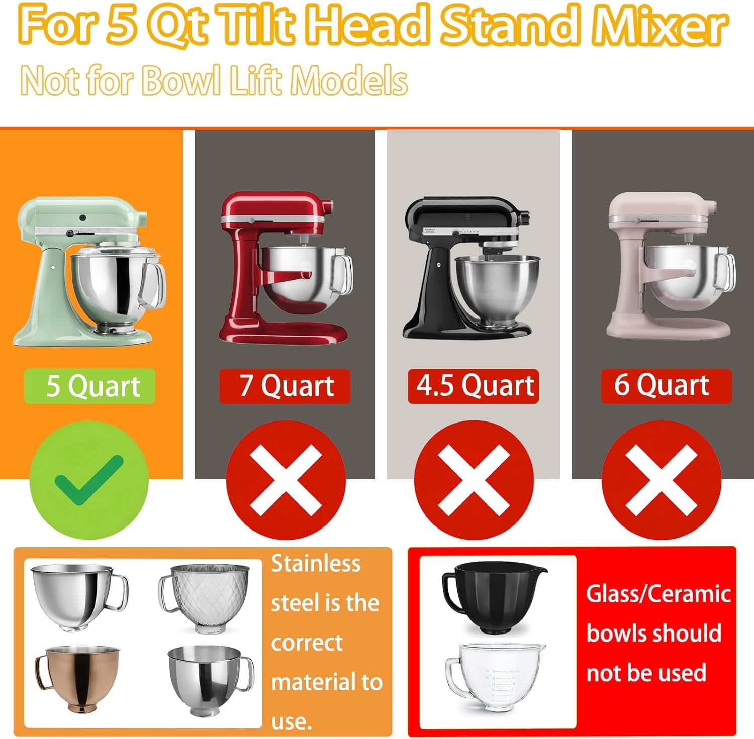 Silicone Bowl Liners for 5 Qt Tilt Head Stand Mixer, 3 Silicone Liners With Lid, Adjustable Air Hole, Dishwasher Safe, Food Grade Silicone, BPA Free, Not for Bowl Lift Models