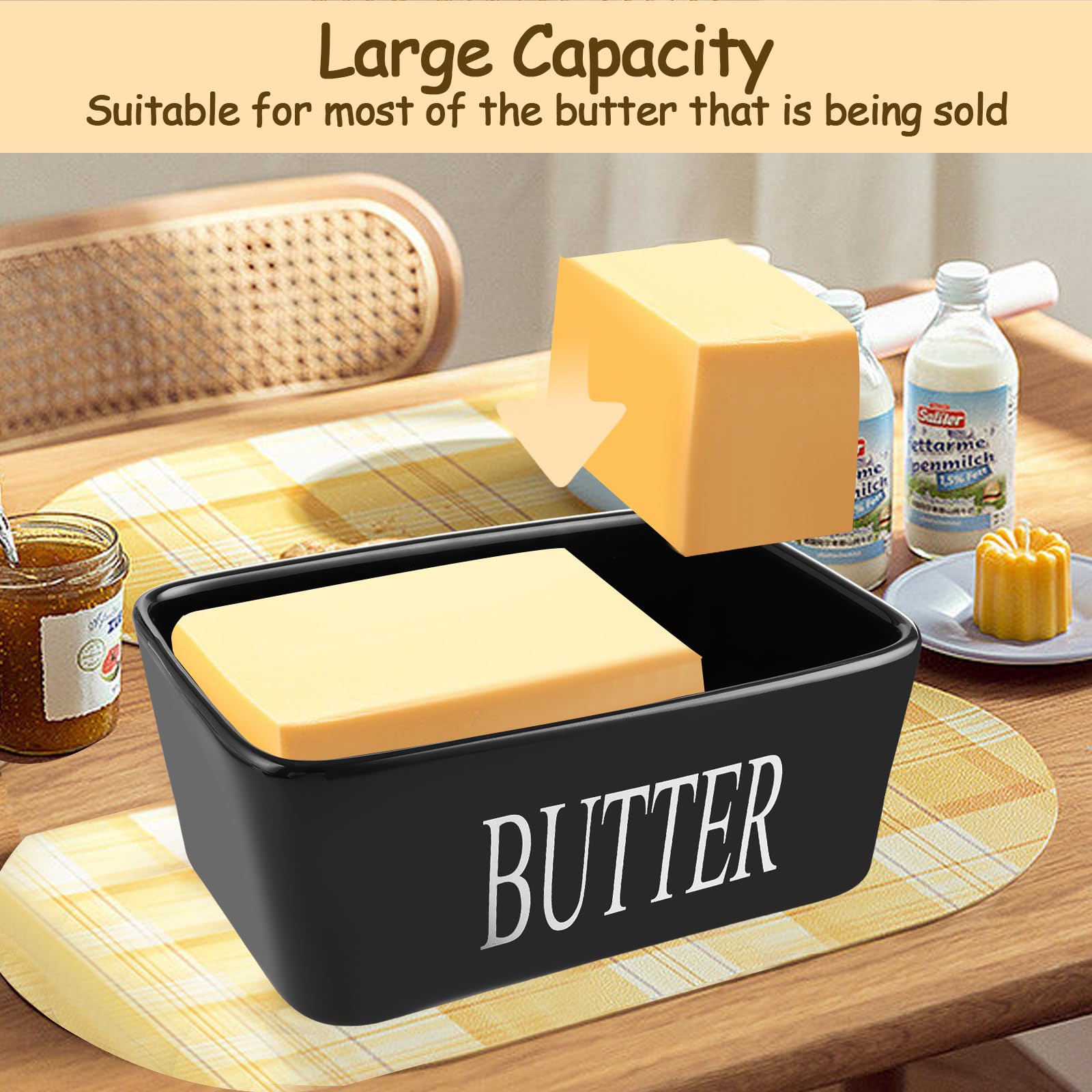 ASelected 650 Ml Large Butter Dish With Lid, Porcelain With Double Silicone Seals Cover for Cheese Storage (Black) - Image 4