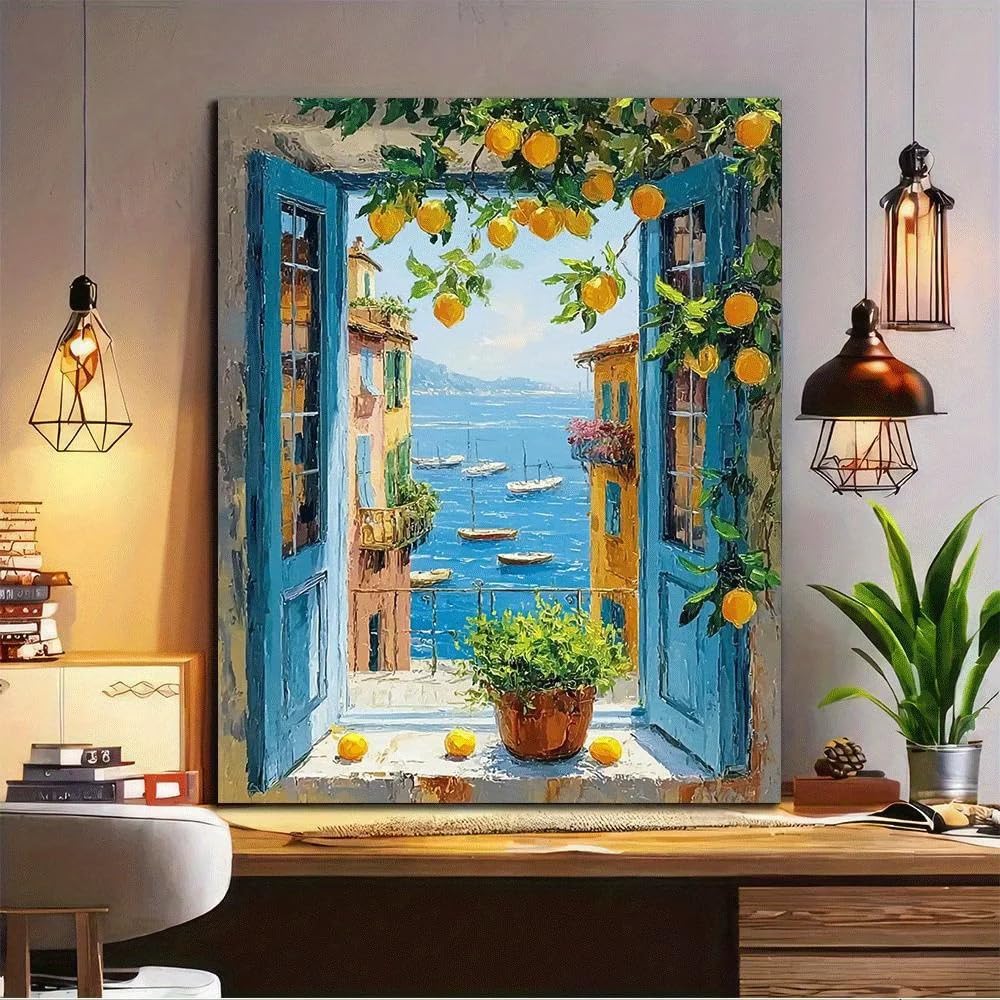 Dittelle Quadri decorativi con paesaggio marino visti dalla finestra, adatti per soggiorni, camere da letto, corridoi, bar, caffè e ristoranti (30x40 cm/cornice interna)