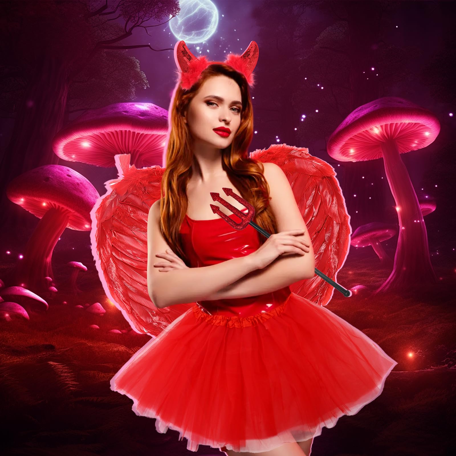 Carreuty 4 Pcs Red Devil Costume for Women Halloween Angel Wings Fancy Dress Sets with Devil Wings Red Tutu Trident Fork Prop Devil Horns Headband - Image 4