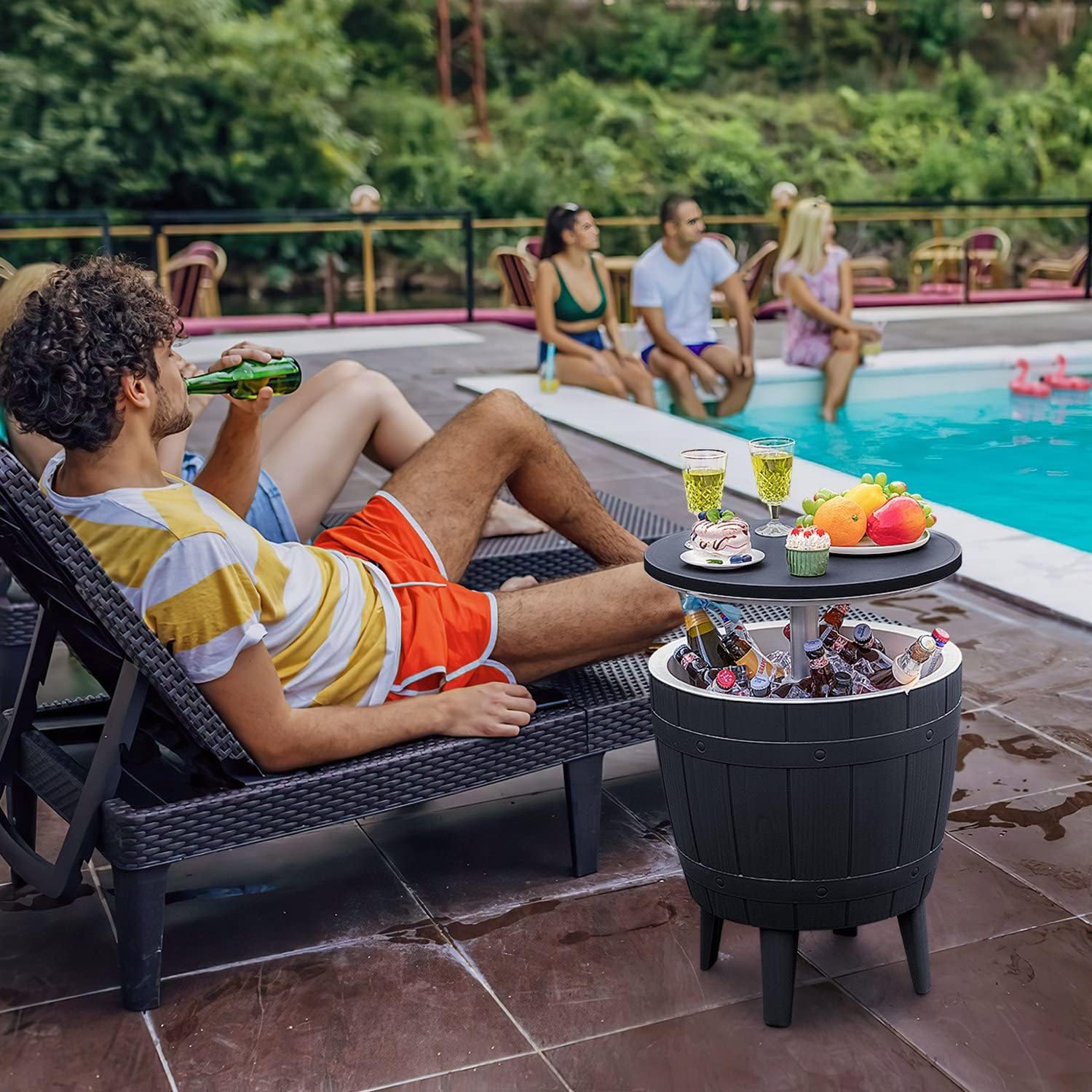 Greesum Outdoor Patio 10 Gallon Cooler Bar Table, 3 in 1 Resin Patio Beer and Wine Ice Bucket Cocktail Tables with Adjustable Height for Party and Deck, Black