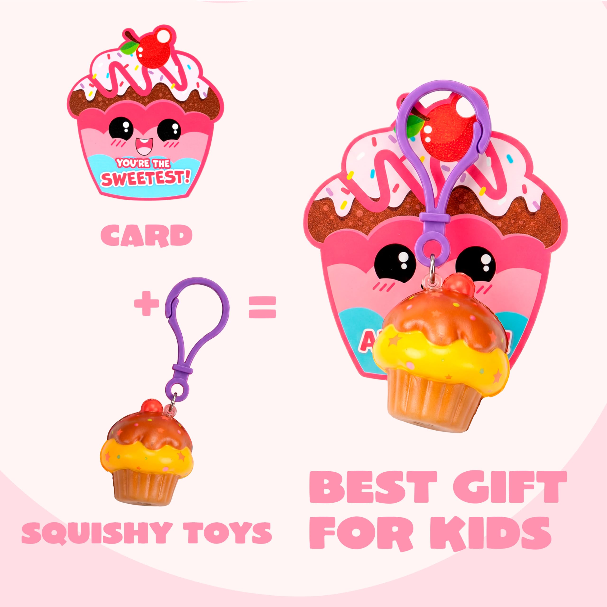 JOYIN 28 Packs Valentine Dessert squishy toys Stress Relief Keychains with Cards for Classroom Exchange Prizes, Fidget Toy Valentine’s Greeting Cards, Valentine Party Favors, Exchange Gifts