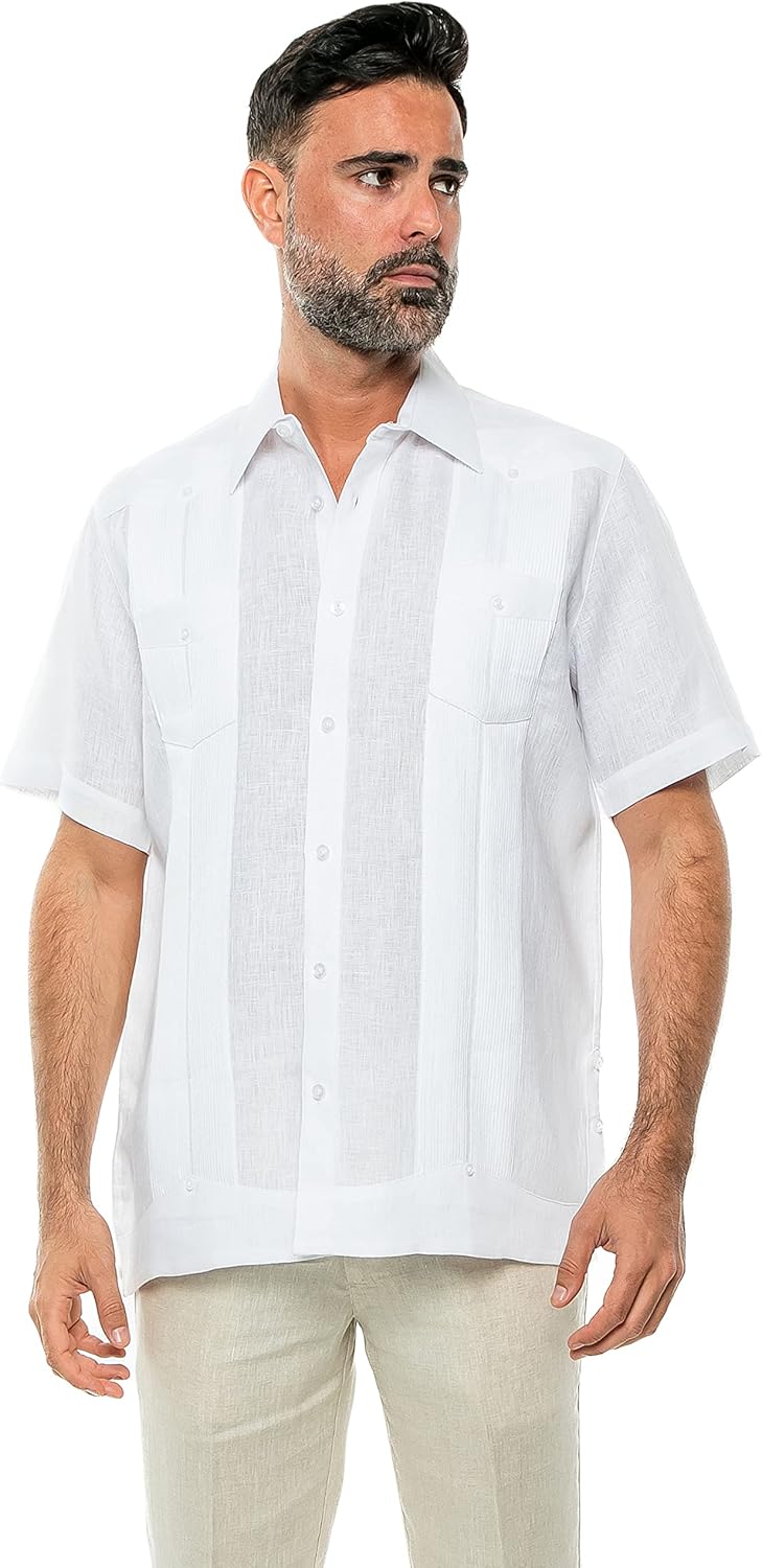 Mojito Men's Yarn Dye 100% Linen Guayabera Shirt Short Sleeve 2 Pocket Design