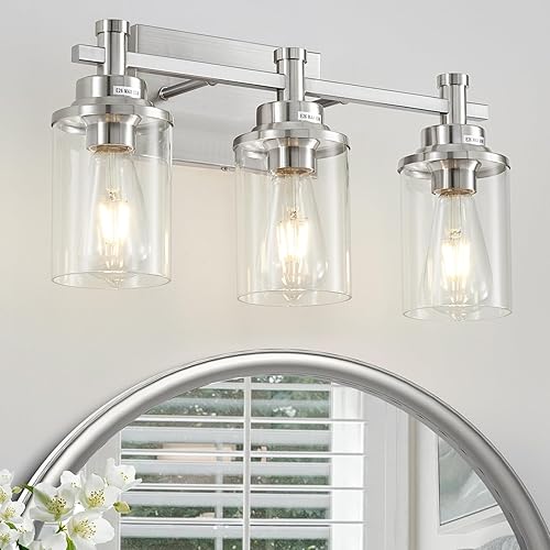 Luces de tocador de 3 luces de níquel cepillado con pantalla de vidrio transparente, moderna luz de tocador de baño sobre espejo, lámpara de pared