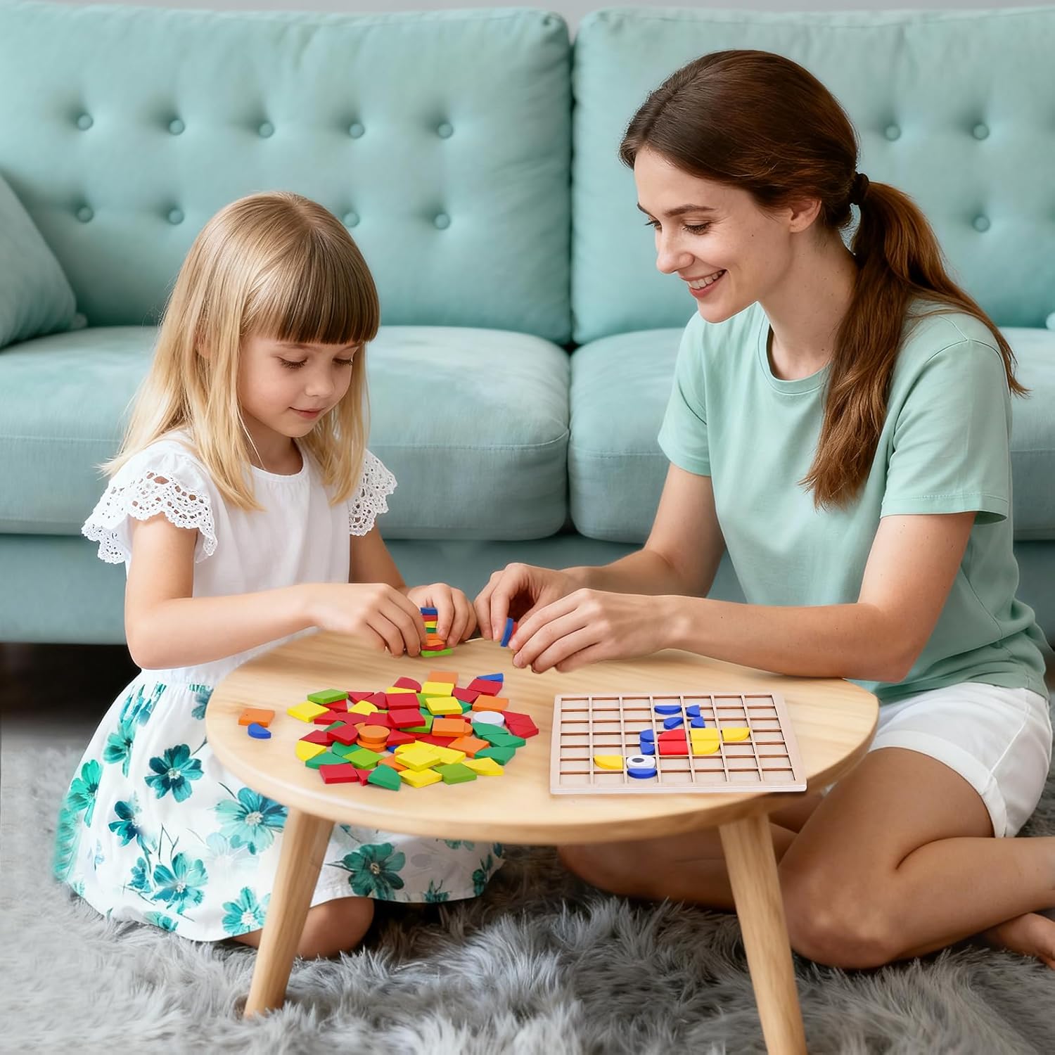 Wooden Pattern Blocks 142PCS Montessori Mosaic Puzzle Geometric Shapes Tangrams for Kids with Storage Bag, Following Cards, and Grid Board, Gifts for Boys Girls Ages 3+