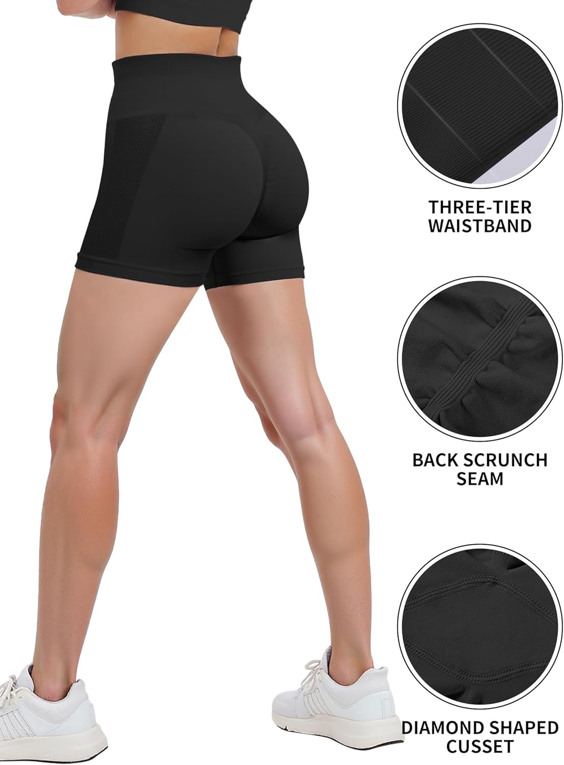 Beauty Women's 3.6" Athletic Seamless Scrunch Booty Shorts High Waist Lifting Butt Workout Gym Yoga Athletic Shorts Black/Black - Image 6
