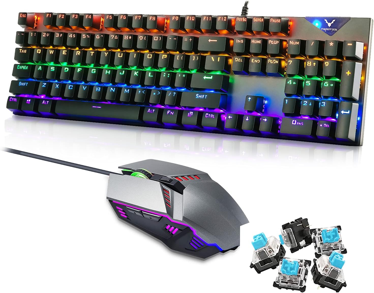 CHIROPTER Mechanical Keyboard and Mouse Combo, Wired RGB LED Backlit Mechanical Gaming Keyboard with Blue Switch, Gaming Mouse for Windows PC Gamers
