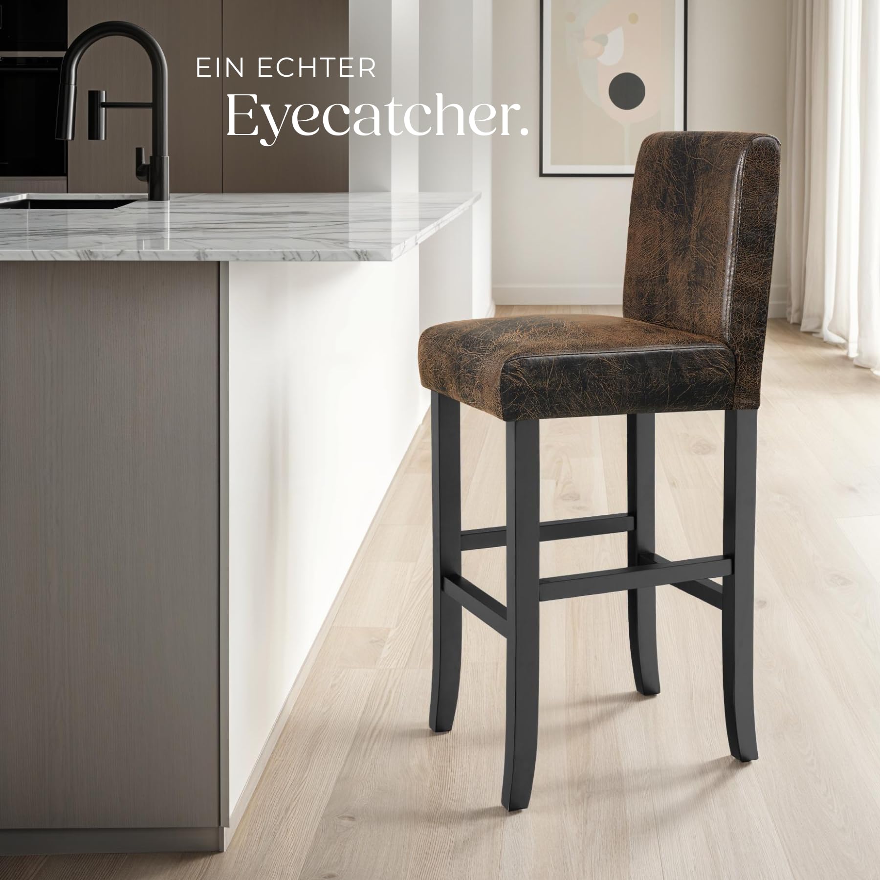 tectake® 2er Set Barhocker, Bistrohocker, Tresenhocker, Barhocker mit Lehne, gepolsterter Barstuhl, Bistrostuhl mit Fußstütze, Holz und Kunstleder, Stuhlbeine aus Massivholz, 107 cm hoch - antikbraun