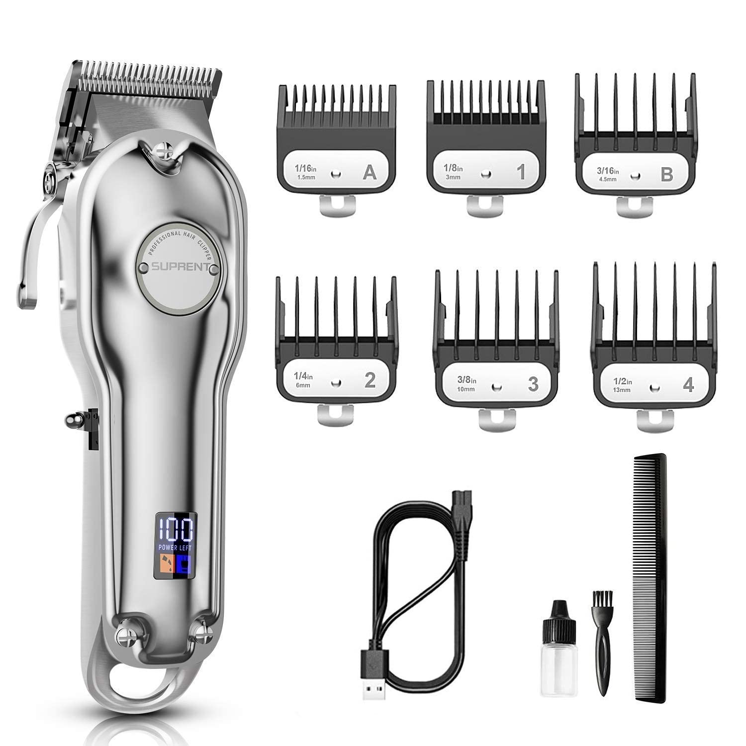 SUPRENT Hair Clippers for Men, Professional Cordless Clippers for Hair Cutting with 6 Durable Metal Guards, Hair Trimmer Barbers Grooming Kit Rechargeable, LED Display