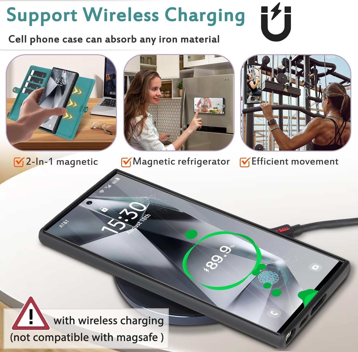 for Wallet Case Compatible with Samsumg Galaxy S24 Ultra Multi-Function Detachable 2 in 1 Magnetic Phone Case Wallet,Flip Strap Zipper Card Holder Phone Case with Shoulder Straps (Green)