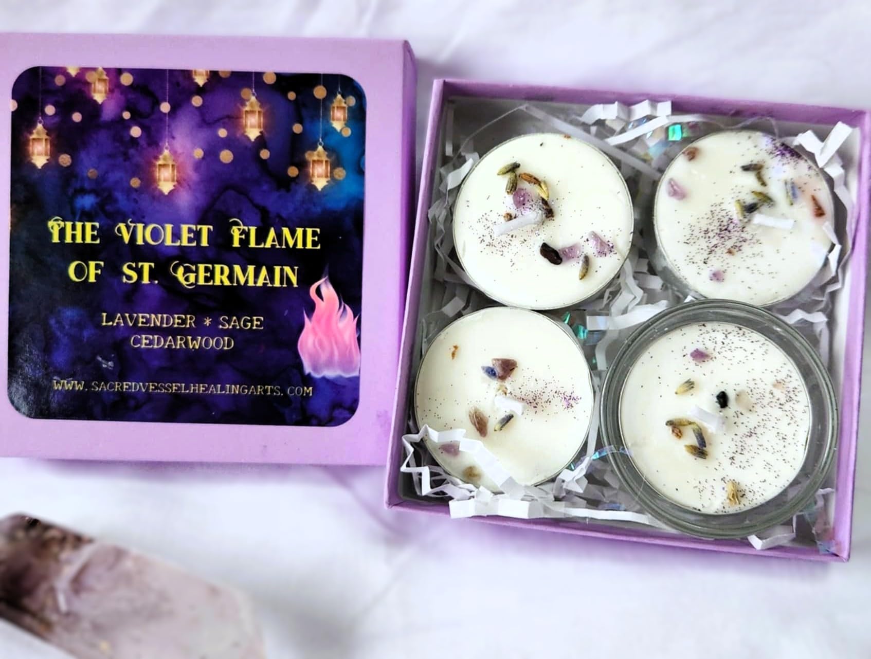 Violet Flame Tealight Candles Soy Box of 4 w/ 1 Glass Holder ~Ascension Ascended Master St. Germain