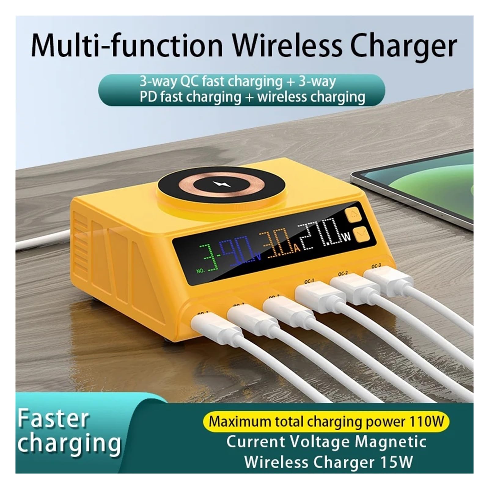 Station De Chargeur USB 110W À 6 Ports, Charge Rapide sans Fil Magnétique QC3.0 PD3., for Tous Les Téléphones Et Ordinateurs Portables Capacité De Charge Rapide(Yellow)