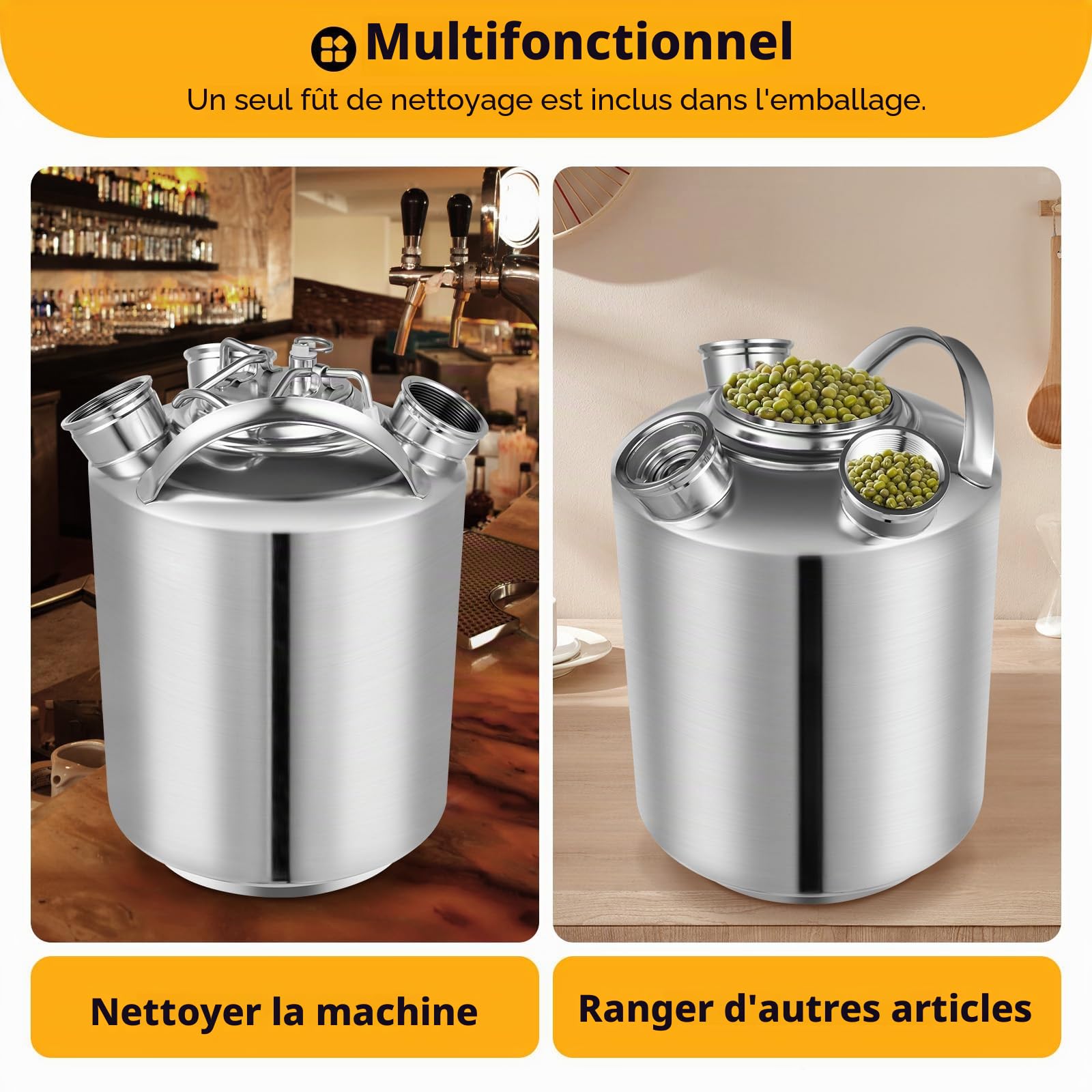 Fût de nettoyage de bière à 3 têtes, récipient de nettoyage de 10 l, en acier inoxydable, appareil de nettoyage pour canalisations de bière, tonneau de bière, machine à bière, récipient de nettoyage