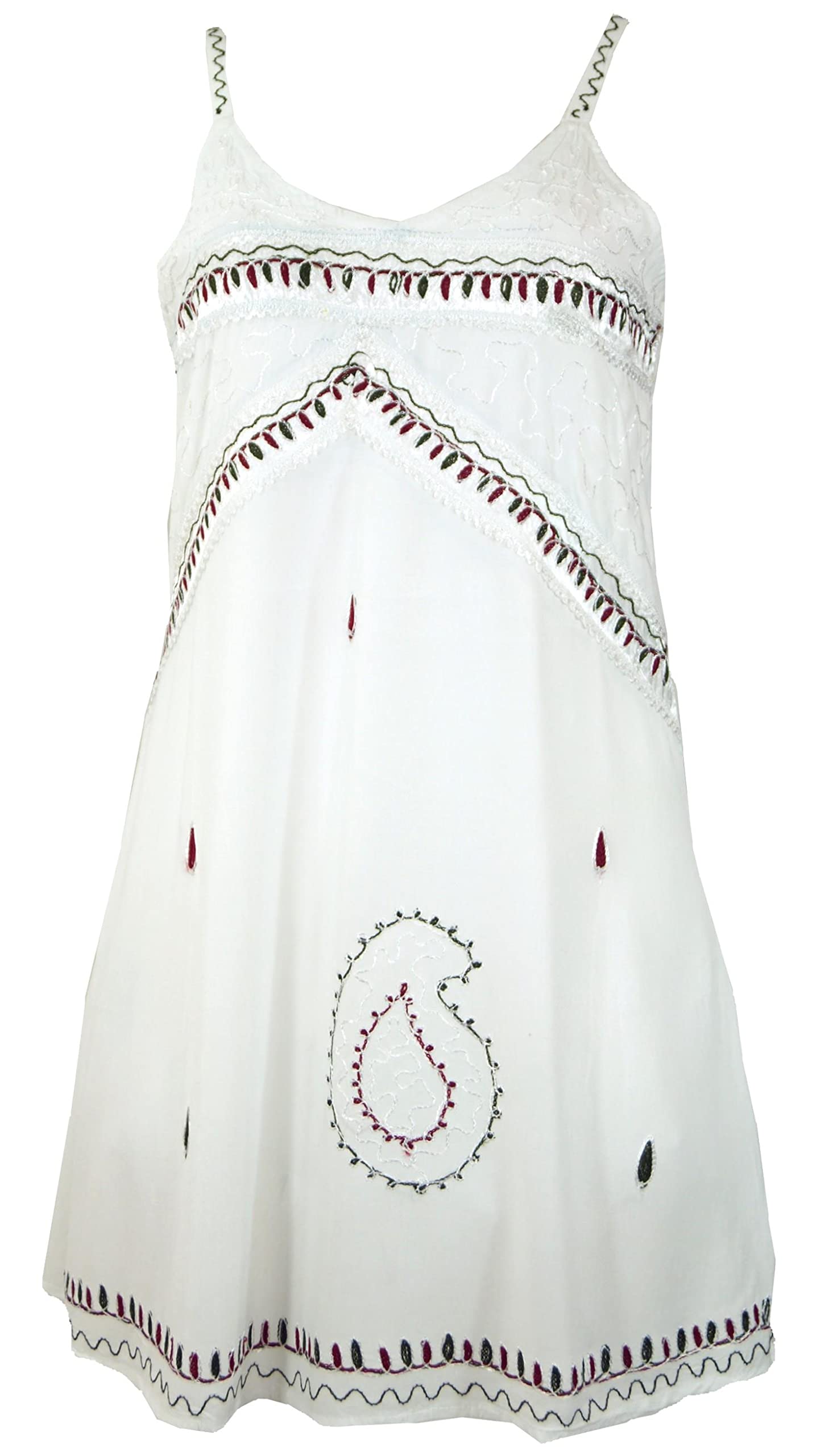 GURU SHOP Mini Vestido Indio Bordado Boho Chic, Túnica Hippie, Blanco, Sintético, Tamaño:40, Vestidos Cortos