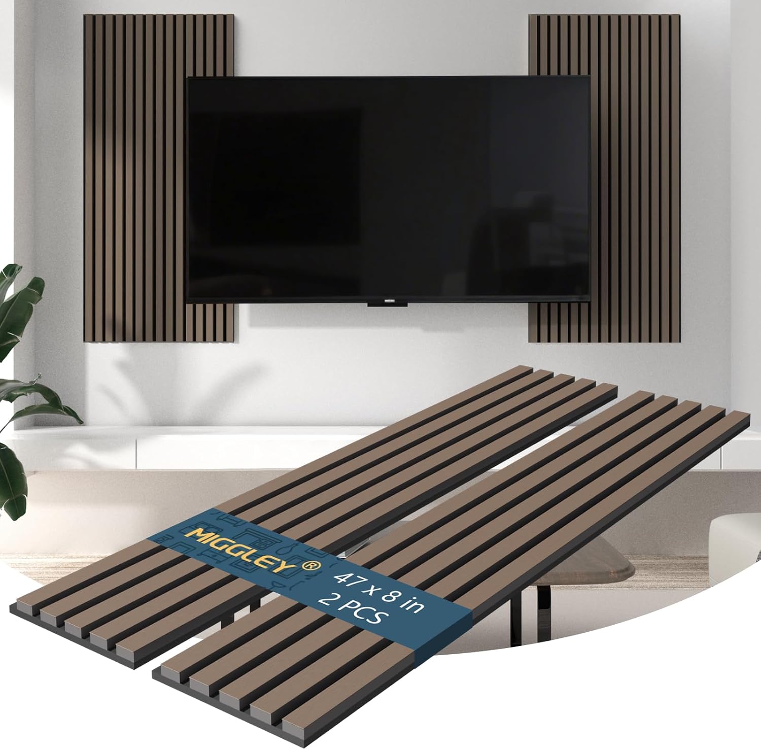 Acoustic Wood Wall Panels, Slat Wall Paneling for Home Living Room Decor, Soundproof Sound Dampening Absorbing Noise Reducing 3D Accent Panel-47.2 inch, Smoky Oak 2PCS - 47 * 8 inch Smoky Oak