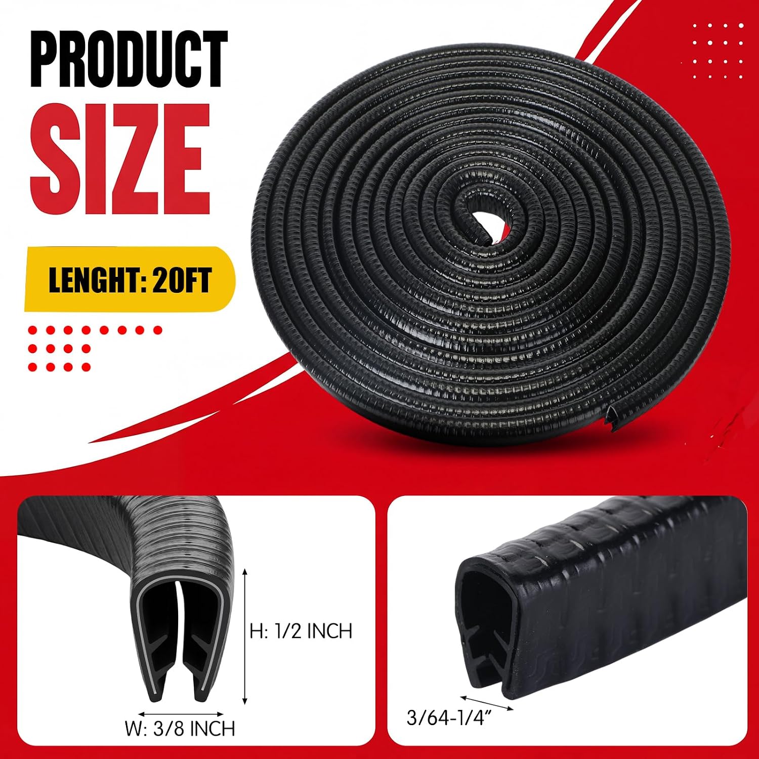 20ft U-Shape Edge Trim Rubber Edge Banding with Metal Clips 3/8" W x 1/2" H Fits Gap 3/64" to 1/4" Car Door Edges Guard Protector, Weather Stripping for Sheet Metal, Car Doors, Table Corner