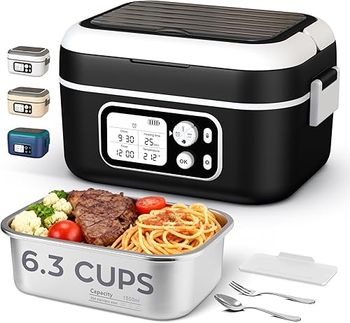 Lonchera eléctrica con calefacción para hombres, 6.3 tazas 100 W, calentador de alimentos inalámbrico con batería de 24000 mAh