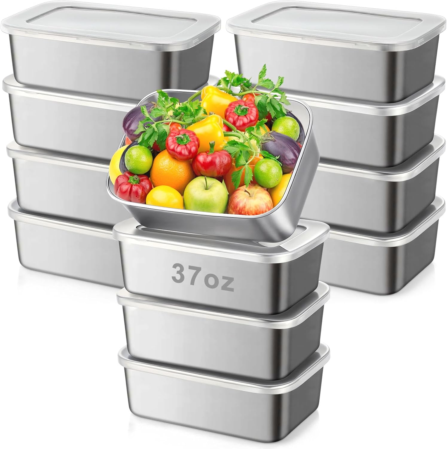 12 Pcs Stainless Steel Food Storage Containers with clear Lids, 37 oz Metal Lunch Bento Box, Lightweight Stackable Easy Open Meal Prep Container for Kitchen Picnic, Freezer & Dishwasher Safe