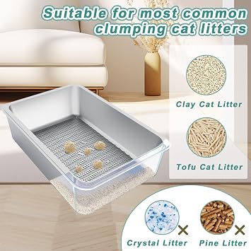 Stainless Steel Sifting Cat Litter Box for Clumping Litter, Large Metal Cat Litter Box with Sifter Litter Tray and Cat Litter Bag,Odor Control, Easy to Clean(19.7x13.7x5.9)