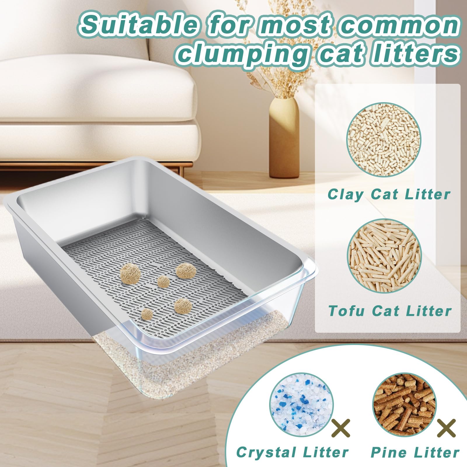 Stainless Steel Sifting Cat Litter Box for Clumping Litter, Large Metal Cat Litter Box with Sifter Litter Tray and Cat Litter Bag,Odor Control, Easy to Clean(19.7"x13.7"x5.9") - image 5