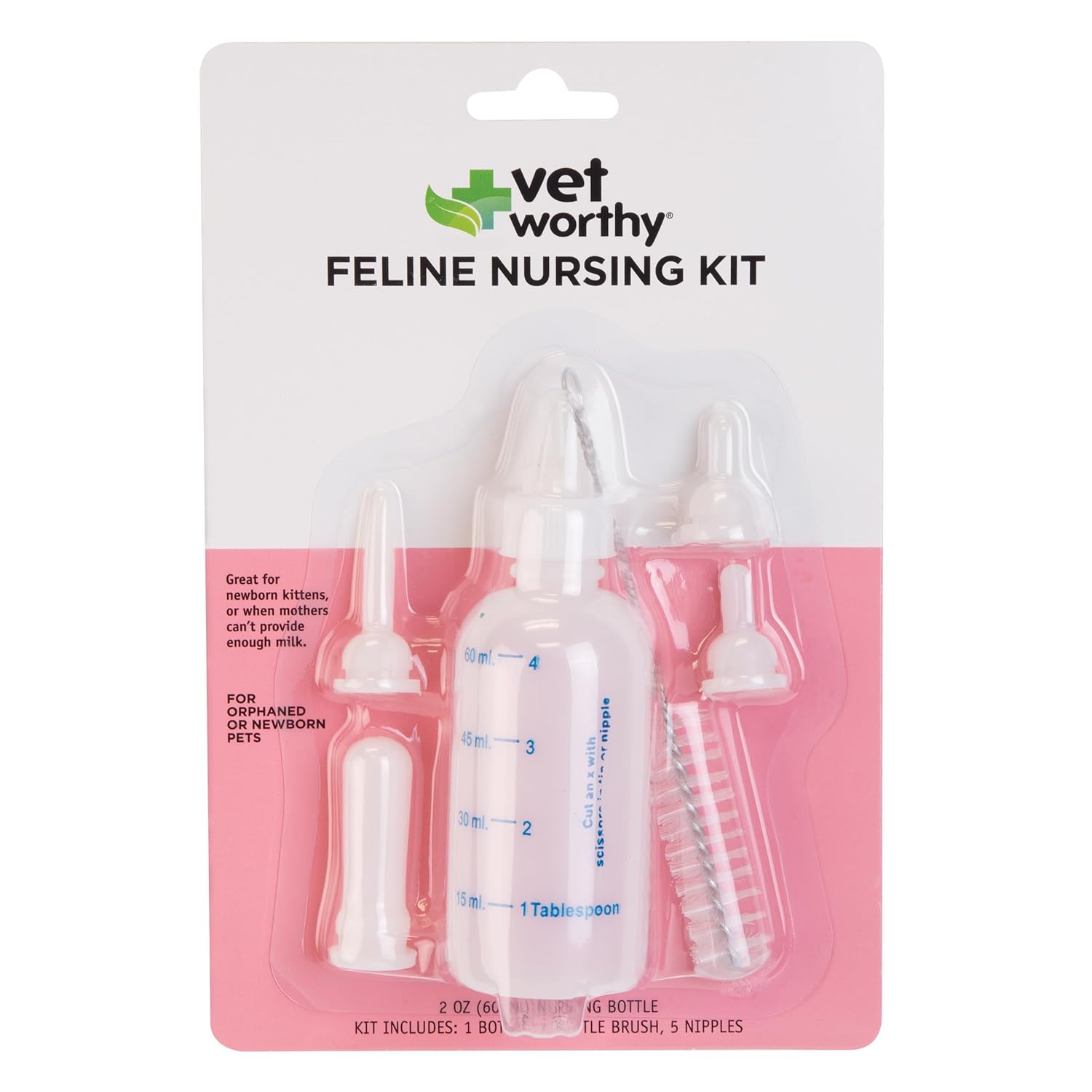 Vet Worthy 6-piece Kitten Bottle Feeding Kit - Includes 1 Graduated Cat Nursing Feeder (2 Ounce), 5 Soft Nipples, and a Cleaning Brush - Reusable, Easy-to-Clean Newborn Kitten Feeding Bottle