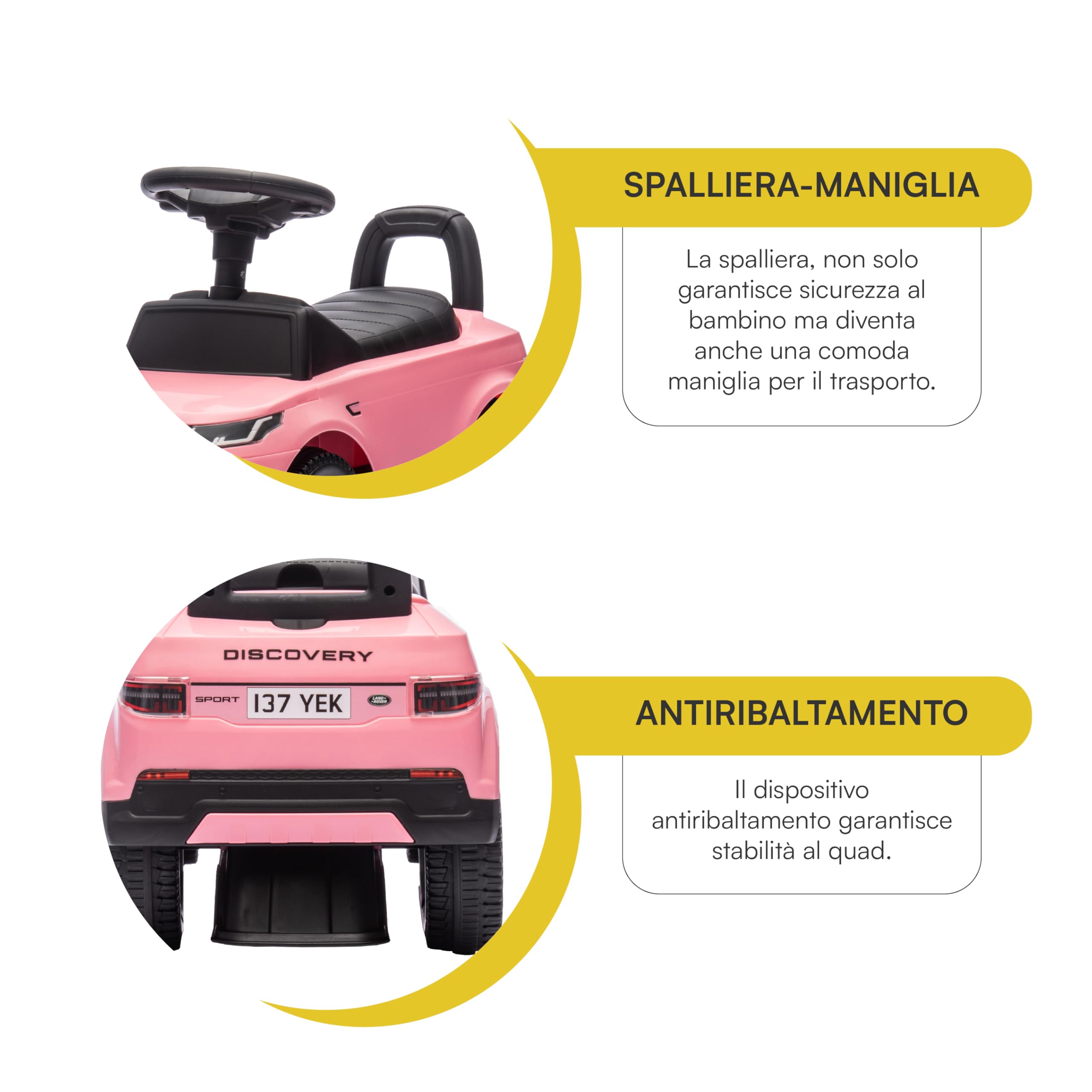 Baroni Toys Land Rover Ride-On, Macchinina Spingi e Vai per Bambini 1-4 Anni, Fari LED, Suoni Realistici, Ruote Antiscivolo, Vano Portaoggetti, Antiribaltamento 65.5x28x39 cm Rosa