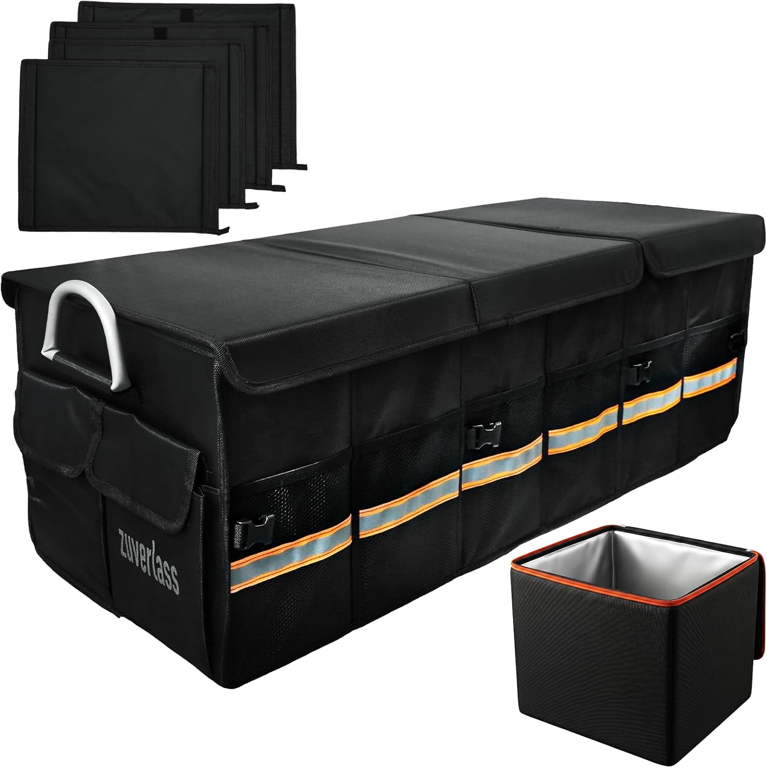 Car Trunk Organizer with Cooler Bag, 90L Portable Trunk Cargo Organizer for SUV Truck Sedan, 3 Compartments Collapsible Car Storage Box with Lid, 4 Removable Dividers