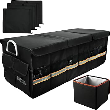 Car Trunk Organizer with Cooler, Collapsible Trunk Cargo Organizer for SUV, 90L Trunk Organizer with Lid, 3 Compartments, 4 Removable Dividers, Large Car Storage Box for Truck Sedan
