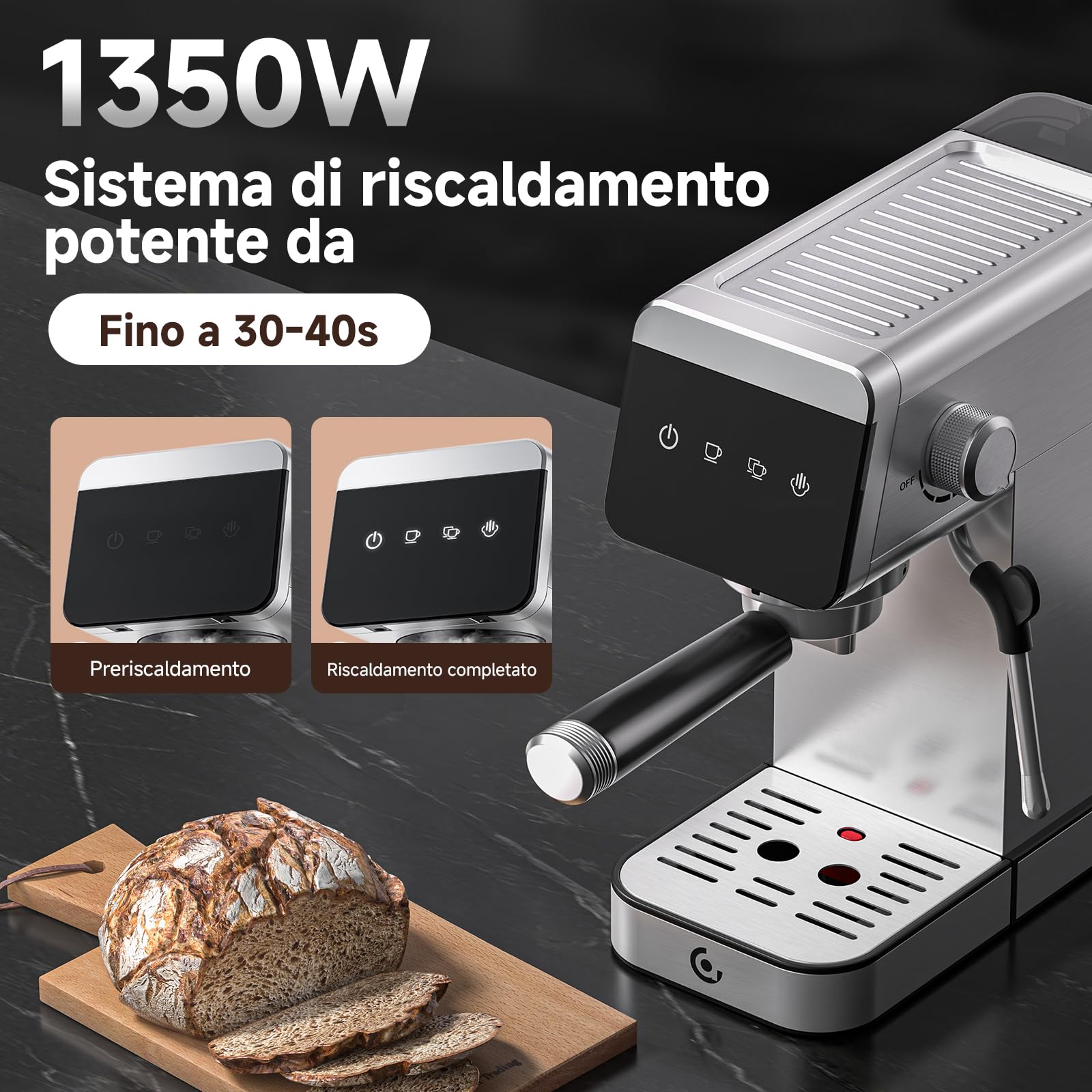 AMZCHEF Macchina da caffè con portafiltro, 20 bar con display LED, macchina da espresso 2-in-1 da casa con serbatoio removibile da 1,2L, per regali, macchina per caffè in acciaio inossidabile compatta