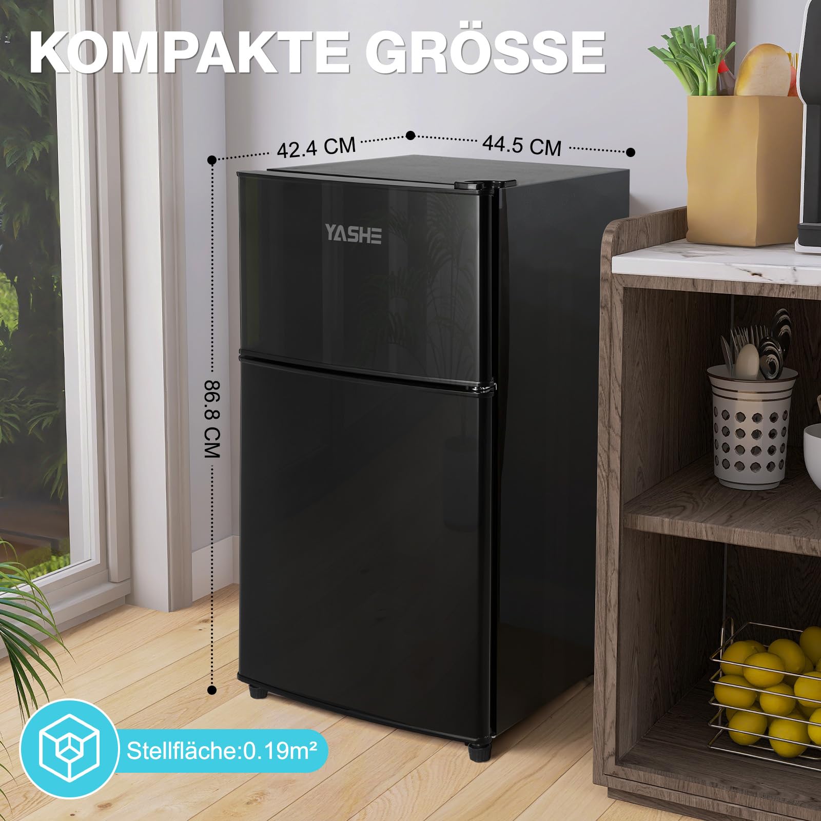 YASHE 86L Mini Kühlschrank mit Gefrierfach - Kleiner Kühlschrank, Doppeltür-Kühlschrank mit verstellbarem Thermostat, 7 Stufen, ideal für Wohnungen, Schlafzimmer, Büros und mehr
