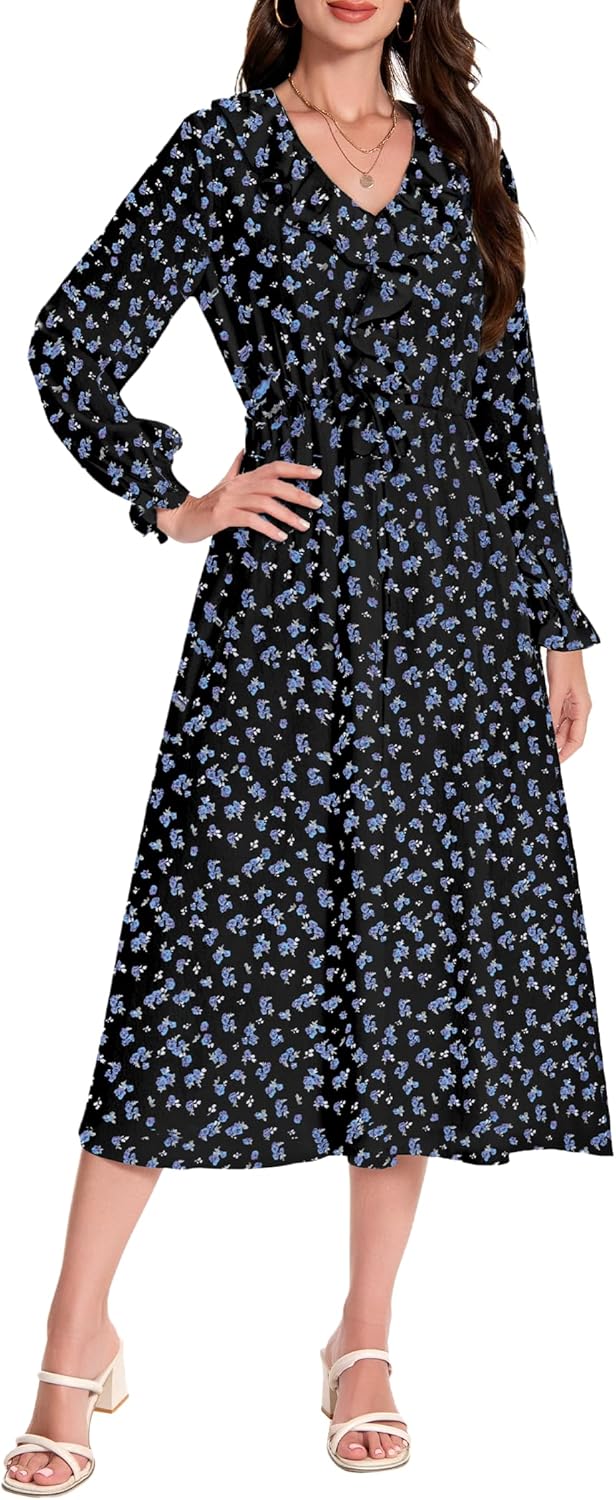 Womens Boho Maxi Dress Floral Dress Long Sleeve Ruffle V Neck Flowy Spring Casual Beach Vacation Long A Line Dresses