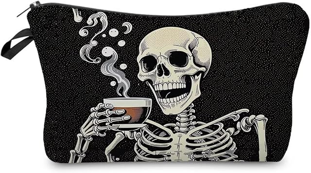Livel lhood Funny Coffee Skeleton Small Makeup Zipper Bag | Funny Coffee Skeleton Pattern Zipper Pouch, Halloween Present for Friends, Gothic Theme Makeup Bag
