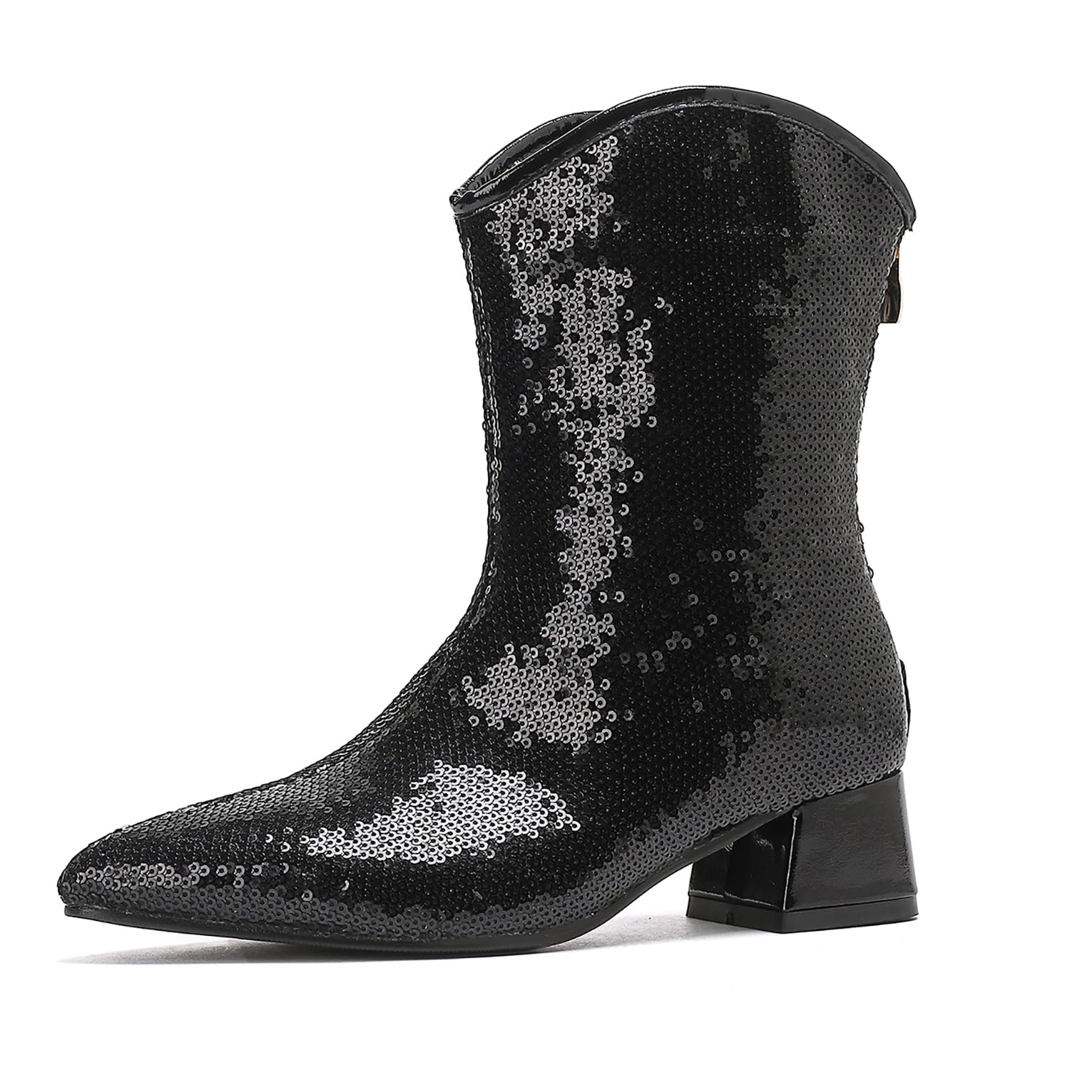 GATUXUS Womens Sequin Sparkly Ankle Boots Chunky Heels Zipper Sexy Pointed Toe Cowboy Cowgirl Booties Dress Shoes